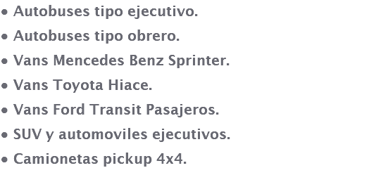 • Autobuses tipo ejecutivo. • Autobuses tipo obrero. • Vans Mencedes Benz Sprinter. • Vans Toyota Hiace. • Vans Ford Transit Pasajeros. • SUV y automoviles ejecutivos. • Camionetas pickup 4x4.